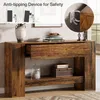 A rustic wooden console table with two drawers, displayed in a living room setting with decorative items. Produktbild-Vorschau