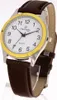 A close-up studio shot of a men's wristwatch with a white face, gold bezel, and brown leather strap. Produktbild-Vorschau