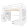 A white loft bed with a desk and storage stairs. Produktbild-Vorschau