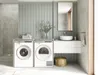 A modern laundry room with two washing machines, a sink, and a mirror. Voir les images du produit