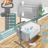 A baby crib next to a bed, with a diagram showing height adjustment. Produktbild-Vorschau