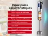 An infographic highlighting the features of a silver and black immersion blender, with a person in the background pouring liquid into a blender. Náhľad obrázku produktu