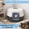 A large, enclosed cat litter box is shown in a room with a cat tree and a sleeping cat nearby. There are also two small bowls of cat food and water. Produktbild-Vorschau