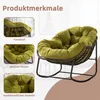 A rocking chair with cushions, shown with close-up details and text highlighting product features. Produktbild-Vorschau