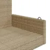 A close-up view of the armrest and seat of a beige poly rattan hanging bench. Náhled obrázku produktu