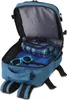 An open blue rucksack with items inside, including sunglasses, a towel, and a toiletry bag. Produktbild-Vorschau