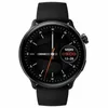 A close-up, front-facing view of a black smartwatch with a black band and a black watch face displaying the time, date, and day of the week. Podgląd zdjęcia produktu