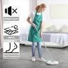 A woman is mopping a floor in a bedroom setting, with informational icons on the left. Produktbild-Vorschau