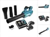A collage of images showing a cordless leaf blower and its accessories, including batteries and chargers. Náhľad obrázku produktu