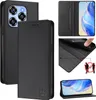Collage of images showing a black leather flip wallet case for a smartphone, with close-ups of its features and a phone inside. Produktbild-Vorschau