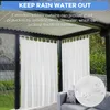 Outdoor curtains hanging on a patio or gazebo, with text overlay describing their function. Produktbild-Vorschau
