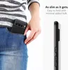 A person is putting a black phone case into their jeans pocket, with a side view of the phone case shown next to descriptive text. Produktbild-Vorschau