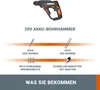 An image showing a cordless hammer drill and its accessories, with text describing the contents. Produktbild-Vorschau