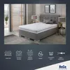 A bedroom scene featuring a bed with a mattress and headboard, along with decorative elements and icons representing product features. Produktbild-Vorschau