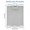 A diagram showing the dimensions of a rectangular metal filter, likely for a range hood, with measurements in millimeters and inches. Produktbild-Vorschau