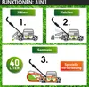 Diagrams illustrating the three functions of a lawnmower: mowing, mulching, and collecting grass clippings. Produktbild-Vorschau