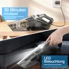 A split image showing a cordless vacuum cleaner charging and being used. Produktbild-Vorschau