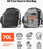 A collage showing a black backpack and the same backpack with a helmet and other gear inside, along with icons representing various gear items and a "70L" capacity indicator. Anteprima dell’immagine prodotto
