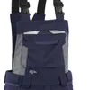 Close-up of the bib and pocket area of navy blue overalls with gray accents and reflective elements. Produktbild-Vorschau