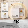 A white cabinet designed to hide a cat litter box, with text overlays highlighting its features. Produktbild-Vorschau
