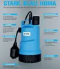 A blue submersible pump with various features highlighted by text labels. Produktbild-Vorschau