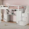 A white loft bed with a desk and storage is shown in a child's bedroom with a pink wall. Voir les images du produit