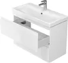 A white bathroom vanity with a sink and a partially open drawer, shown against a white background. Produktbild-Vorschau