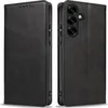 A black leather flip phone case is shown from two angles, open and closed. Produktbild-Vorschau