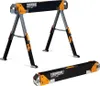 A pair of black and orange sawhorses are shown in an open position, with one sawhorses folded and placed below. Anteprima dell’immagine prodotto