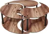 A modern, multi-tiered coffee table with a unique yin-yang inspired design, featuring a wood-grain finish and black metal legs, presented against a plain white background. Produktbild-Vorschau