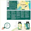 A collage of product packaging, a bottle, and a size diagram for a dietary supplement. Produktbild-Vorschau