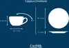 Diagram showing the dimensions of a cappuccino cup and saucer, with text indicating capacity and brand. Náhľad obrázku produktu