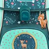 A close-up view of a children's backpack with a floral pattern and a deer charm. Produktbild-Vorschau