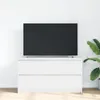 A white TV stand with a black television on top, placed against a white wall. A green plant is visible to the right. Náhled obrázku produktu