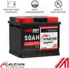 A product shot of a car battery with marketing text and icons. Produktbild-Vorschau