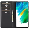 A black leather wallet-style phone case is open, showing card slots and a banknote. A smartphone with a colorful abstract wallpaper is displayed in the case. Produktbild-Vorschau