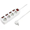 A white power strip with four outlets and individual switches, along with its white plug and cord, is shown against a white background. Produktbild-Vorschau