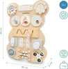 A wooden Montessori busy board shaped like a bear, displaying various interactive elements for children. Produktbild-Vorschau
