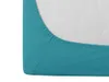 A close-up view of a turquoise fitted sheet corner on a white textured surface. Produktbild-Vorschau