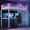 A loft bed with a desk and chair underneath, set up in a modern bedroom with purple and blue lighting. Náhľad obrázku produktu