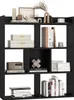 A black wooden bookshelf filled with decorative items and books. Podgląd zdjęcia produktu