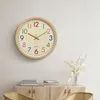 A wall clock with colorful numbers hangs on a white wall above a wooden cabinet. Produktbild-Vorschau
