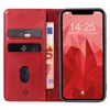 A red flip phone case with card slots and a euro banknote, next to an iPhone displaying the time and date. Produktbild-Vorschau