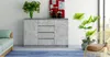 A modern living room scene featuring a gray sideboard with drawers and cabinets, decorated with plants and artwork. Náhľad obrázku produktu