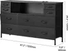 A black fabric dresser with 10 drawers and integrated LED lights and power outlets, shown with dimensions indicated. Náhľad obrázku produktu
