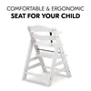 A white wooden high chair is shown against a white background, with marketing text above it. Podgląd zdjęcia produktu