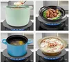 A collage of four images showing different pots and pans being used on a stovetop with a heat diffuser. Produktbild-Vorschau