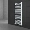 A white towel radiator is mounted on a dark tiled wall in a modern bathroom setting. Produktbild-Vorschau