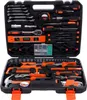 A black tool case filled with various tools, including wrenches, screwdrivers, pliers, a hammer, and a level. Produktbild-Vorschau
