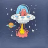 A cartoon illustration of a red alien in a UFO flying through space with stars and a planet. Produktbild-Vorschau